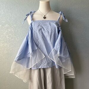 Gracia Blue Striped Tie Strap Cold Shoulder Blouse Tulle Ruffle Top Size L